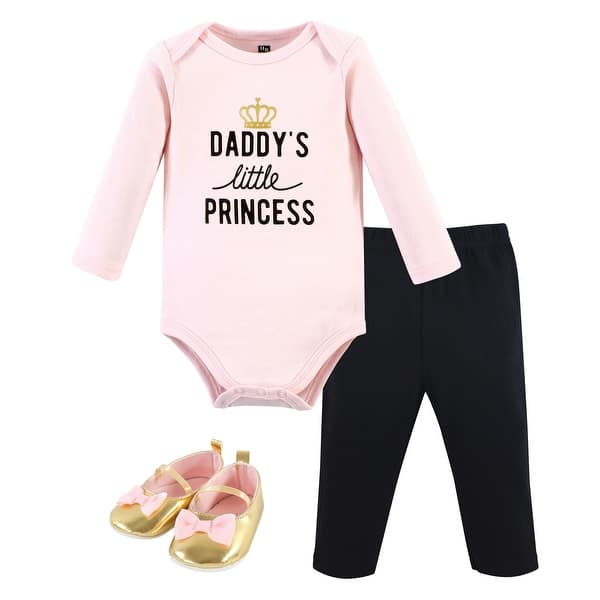 slide 1 of 1, Hudson Baby Infant Girl Cotton Bodysuit, Pant and Shoe Set, Daddys Little Princess Pink Newborn - Daddys Little Princess Long Sleeve