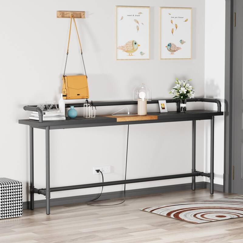 Mid Century Console Table with Power Outlet, Narrow Sofa Table, Sofa Couch Table with Charging Station USB Port