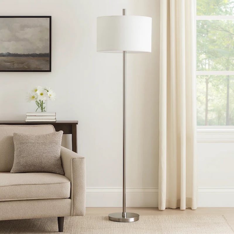 Ano Floor Lamp, Slim Frame, White Drum Shade, Chrome Metal 67 Inch
