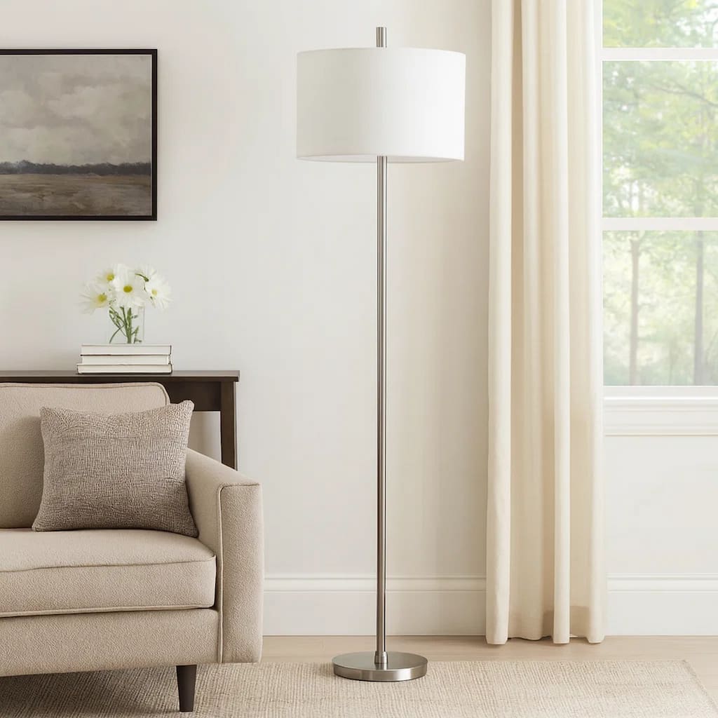 Ano Floor Lamp, Slim Frame, White Drum Shade, Chrome Metal 67 Inch