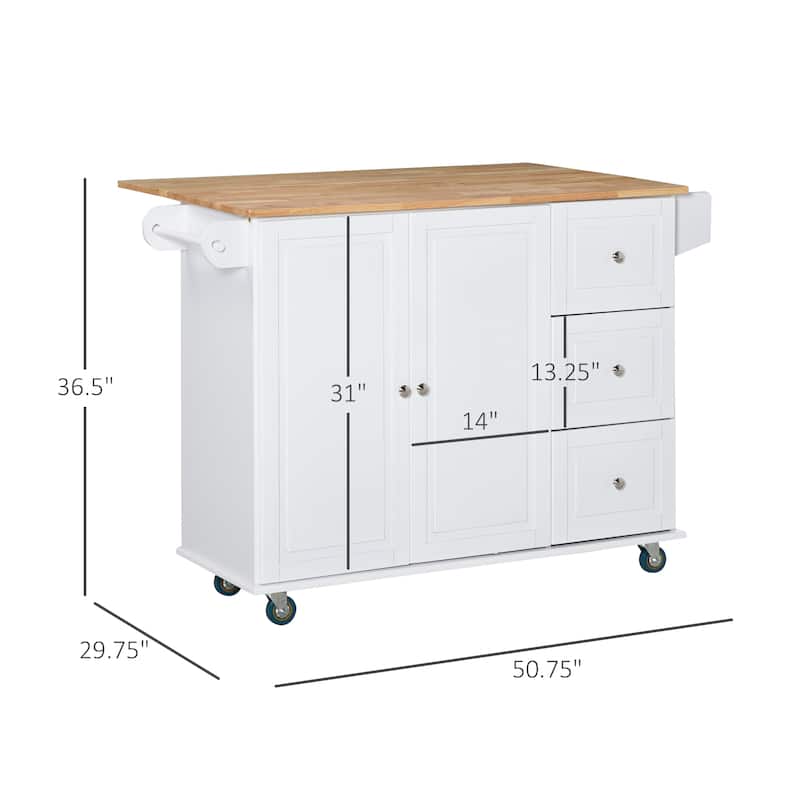 HOMCOM Kitchen Island Mobile Storage Cart with Towel/Spice Rack, 3 Drawers, 2-Door Cabinet and Lockable Wheels
