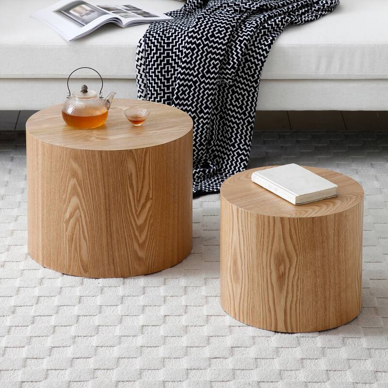 Wood Grain Coffee Table Set of 2 Round Nesting Side Table Lightweight End Table Modern Accent Table, No Assembly Required