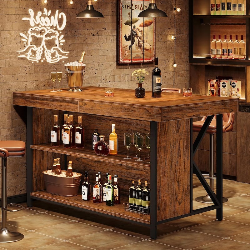 55-Inch Large Kitchen Island with Storage, Wooden Stationary Island Table - 27" D x 55" W x 35" H