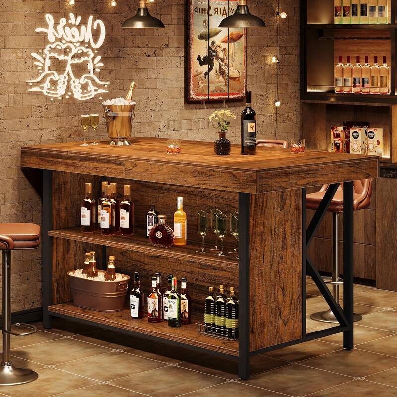 55-inch Large Kitchen Island with Storage, 3-Tier Industrial Bar Table for Kitchen, Dining Room, Brown