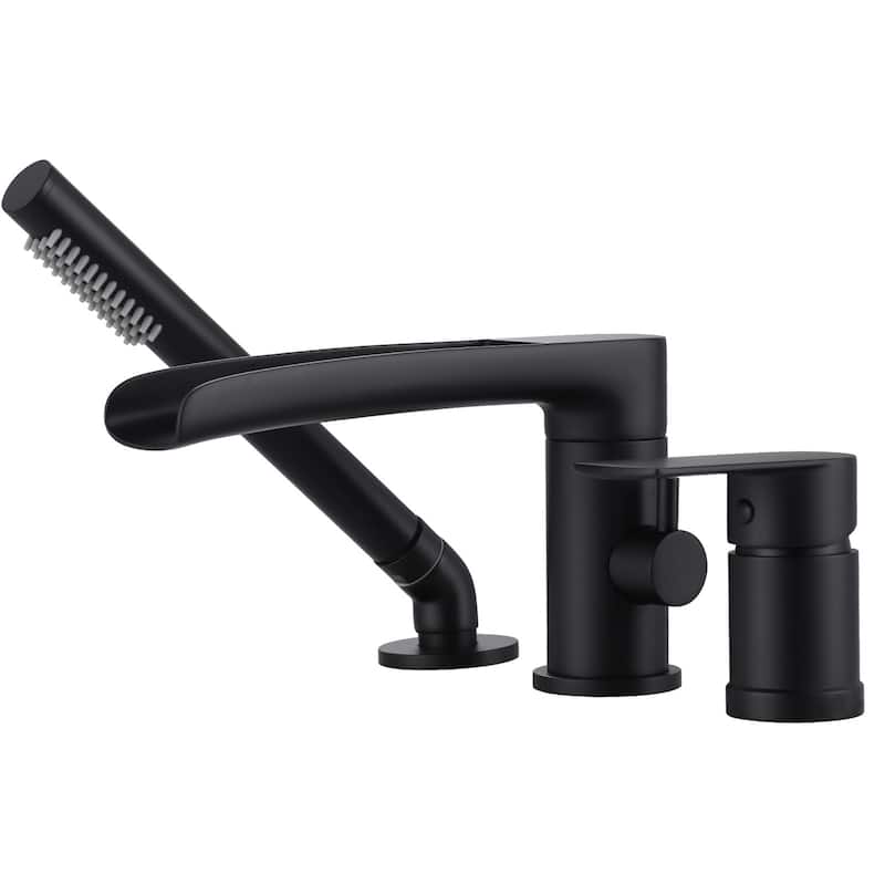 WOWOW Deck-Mount Waterfall Tub Faucet-Silicone Hand Shower - Matte Black