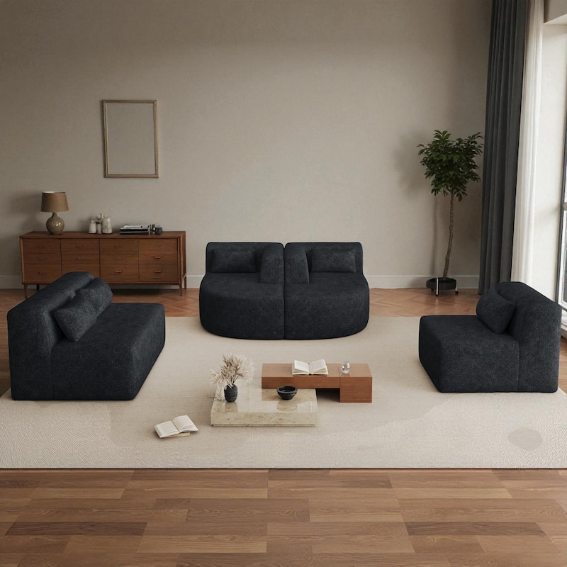 144" Modular Upholstered Sofa with 2 Curved Chaise Lounges and 5 Back Pillows, Boucle Free-Combined Couch for Living Room