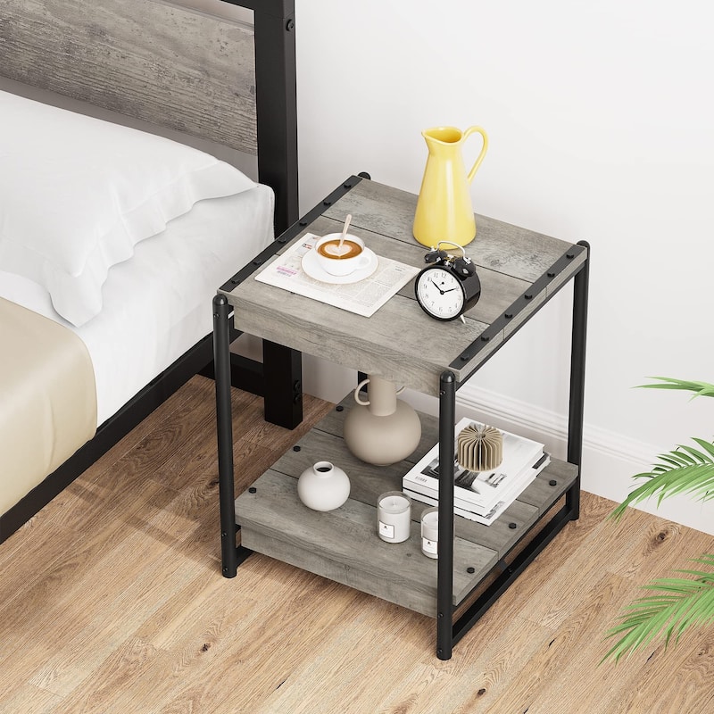 20'' Large Square Farmhouse Grey Wood Storage End Table
