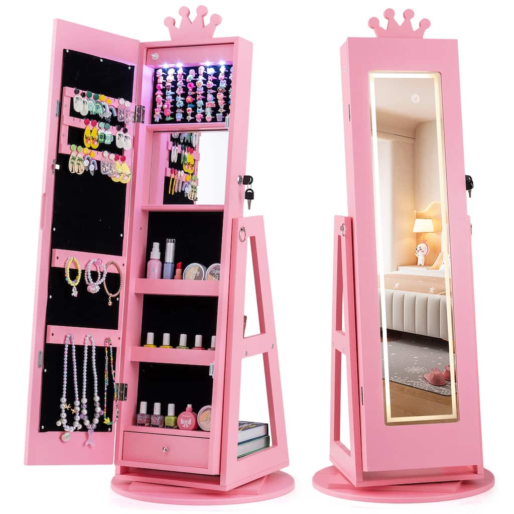 Gymax Swivel Kids Jewelry Cabinet w/ Lights Full-Length Mirror &