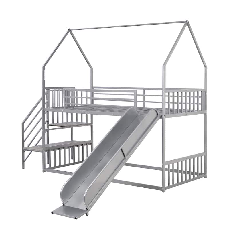 Twin Metal Bunk Bed with Slide and Storage Staircase, House-Shaped Design