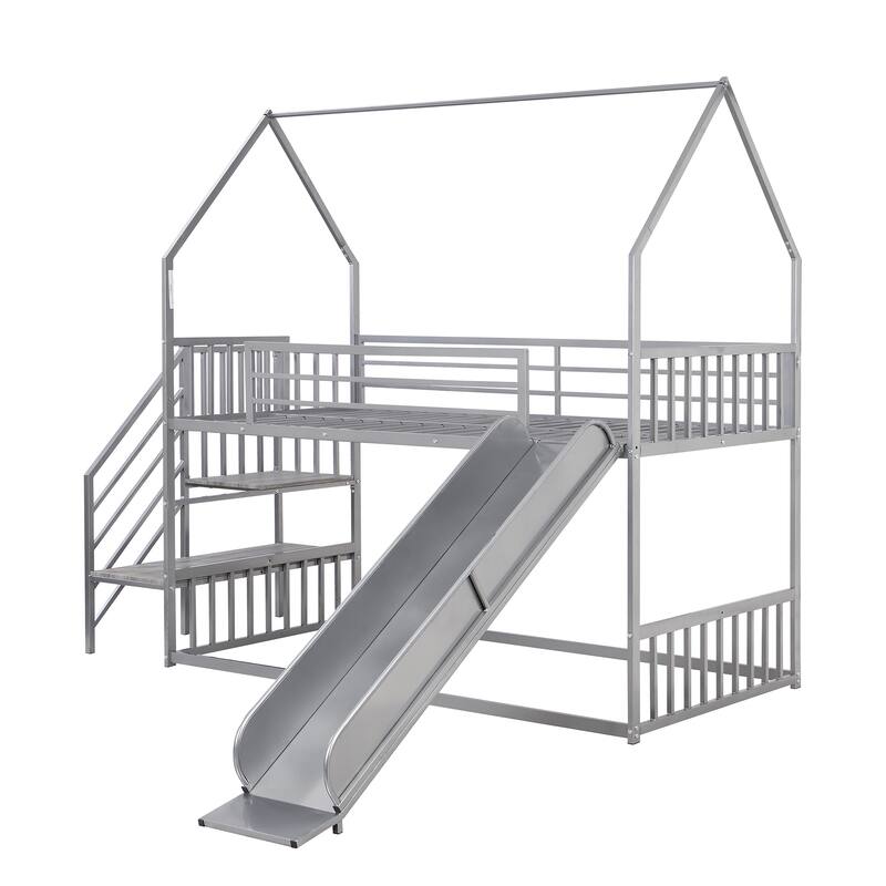 Twin Over Twin Metal Bunk Bed with Slide and Staircase, Silver