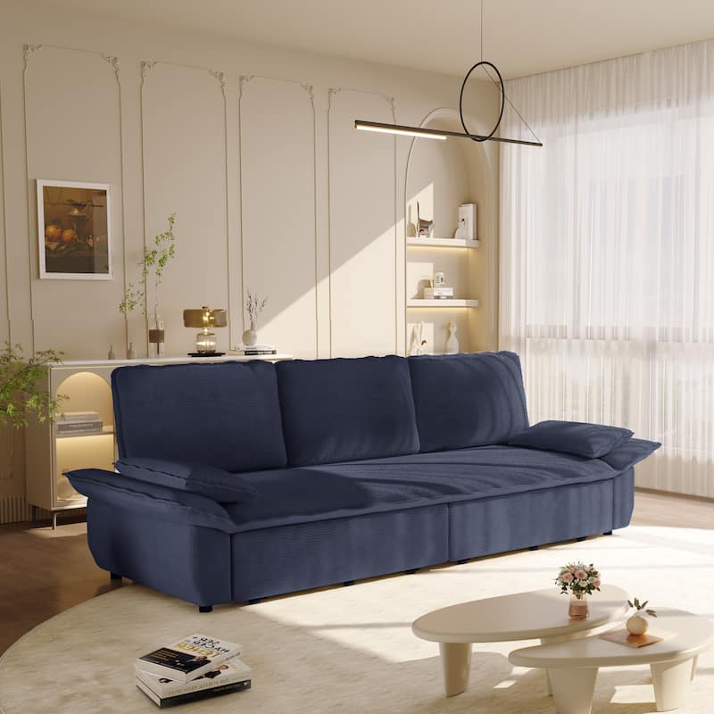 GDFStudio - Corduroy 94.5" 3-in-1 Convertible Sleeper Sofa with Pull-Out Bed - Blue