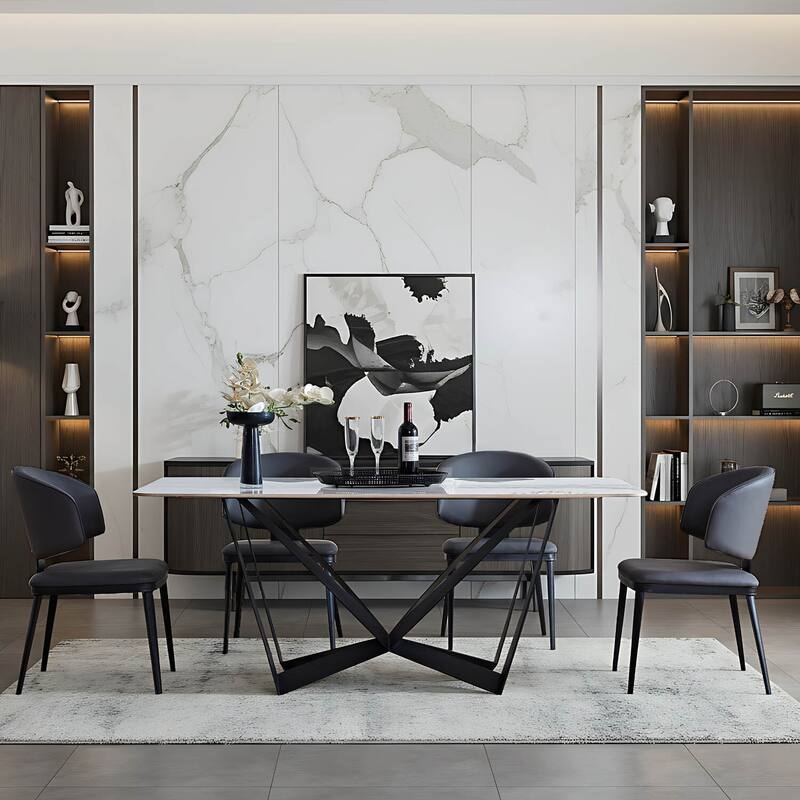 Modern Rectangular Sintered Stone Dining Table - Unique Natural Texture Tabletop with Black Metal Base