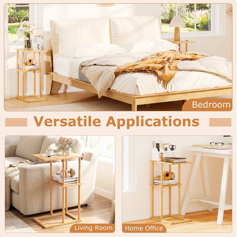 Gymax Side Table Set of 2 w/Storage Shelves & Bamboo Construction for