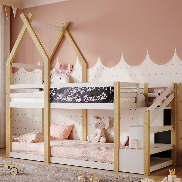 slide 2 of 20, Twin over Twin Bunk Bed with White Storage Staircase and Blackboard