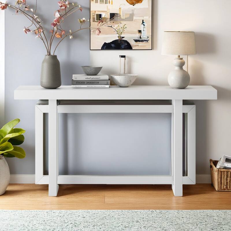 Console Table with Industrial-inspired Concrete Wood Top, Extra Long Entryway Table for Entryway, Hallway, Living Room - White
