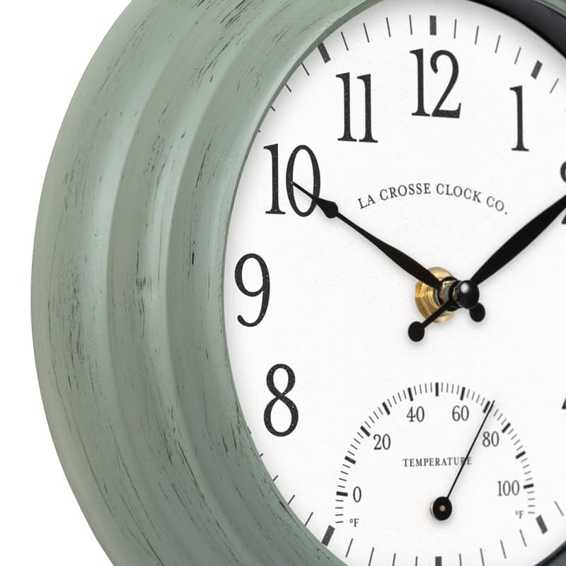 La Crosse Clock 8 In. Outdoor Sage Green Quartz Clock w/ Temp