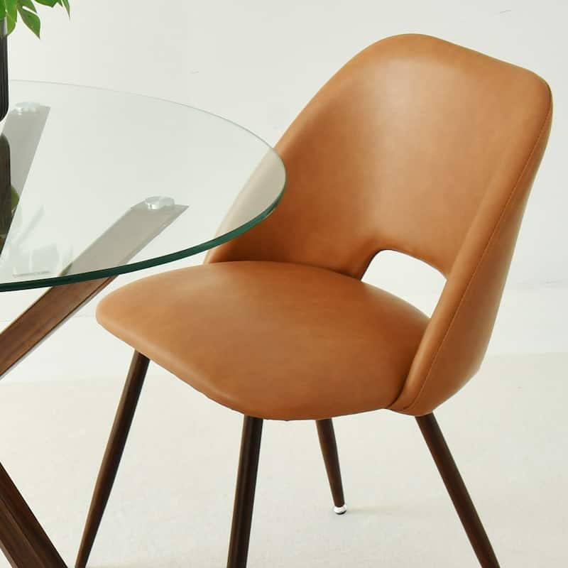 Faux Leather Modern Cutout Back Dining Chair with Walnut Leg（Set of 4)