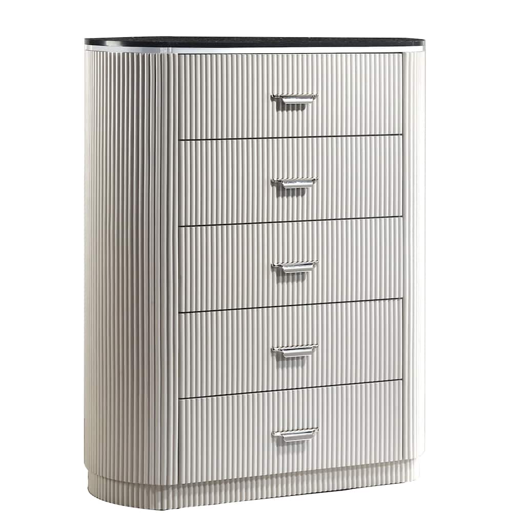 Alda Tall Dresser Chest, 5 Drawers, Black Stone Top, Gray Wood, Silver