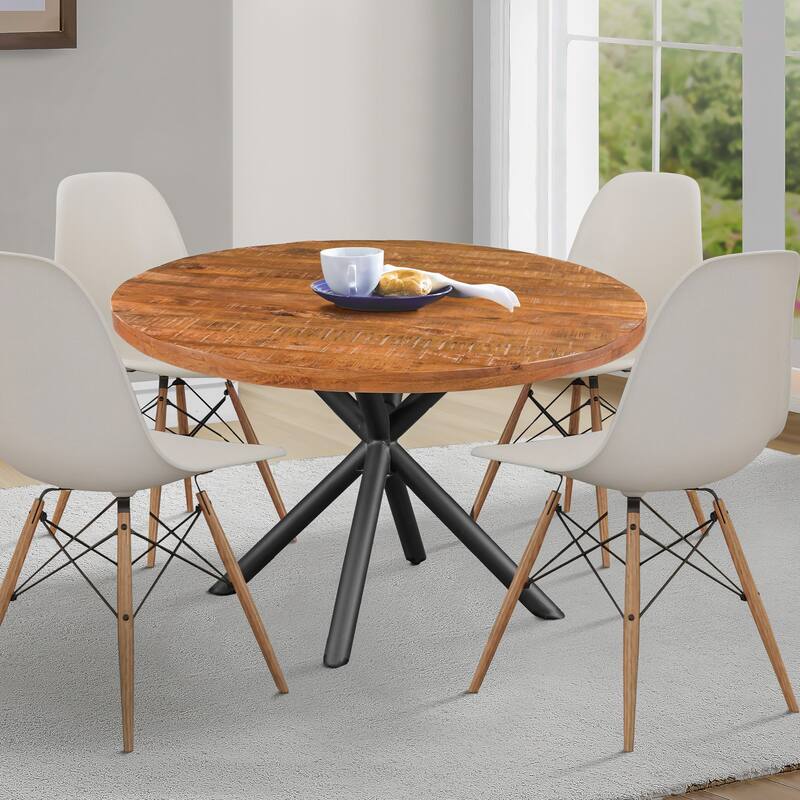 48 Inch Handcrafted Dining Table, Solid Mango Wood Round Top with Iron Crisscrossed Legs, Natural Brown and Black
