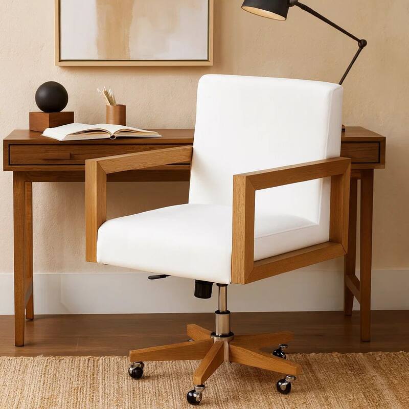 Rux 24 Inch Office Swivel Chair, White Fabric, Rolling Base, Brown Wood