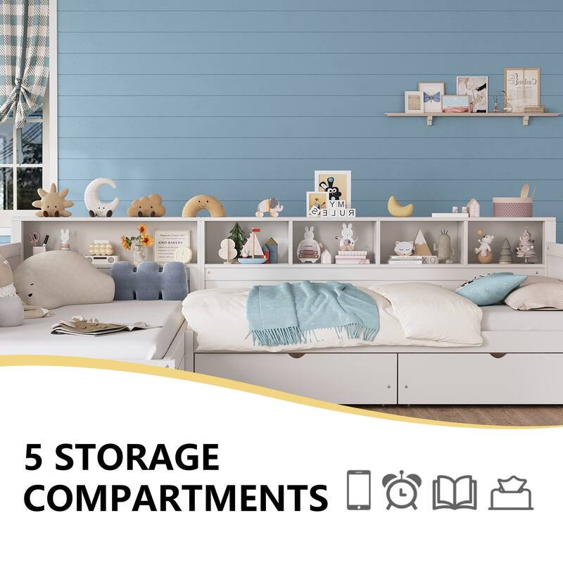 L-Shape Twin Size Day Bed for 2 with Storage Drawers and Bookshelf by Harper&Bright Designs