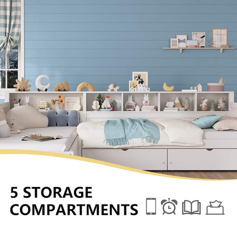 Twin Size L-Shape Daybed with 3 Pull-out Drawers, Wooden Corner Bed Frame with Storage Bookshelf