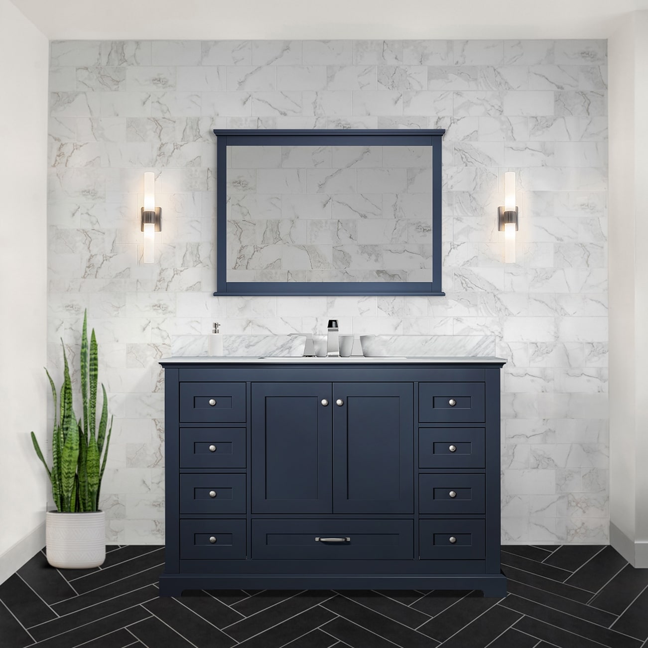 Dukes 48 in. W x 22 in. D Navy Blue Single Bath Vanity, Carrara Marble Top, Faucet Set, and 46 in. Mirror