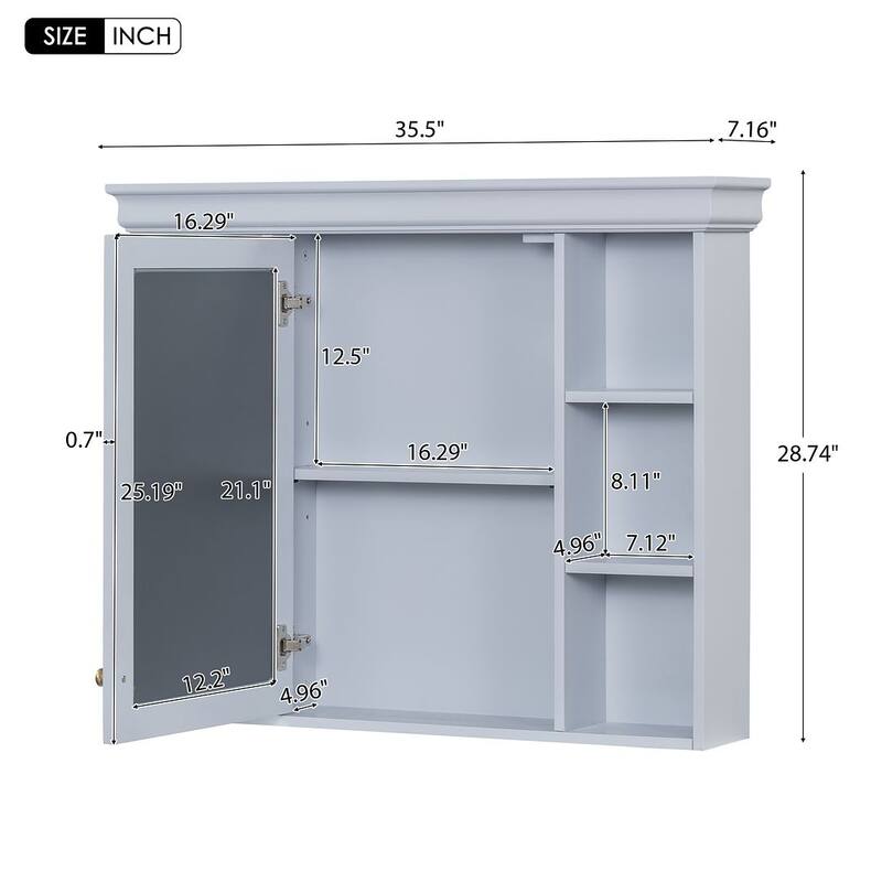 35'' Wall Mounted Bathroom Mirror Cabinet with Adjustable Shelves and Open Storage