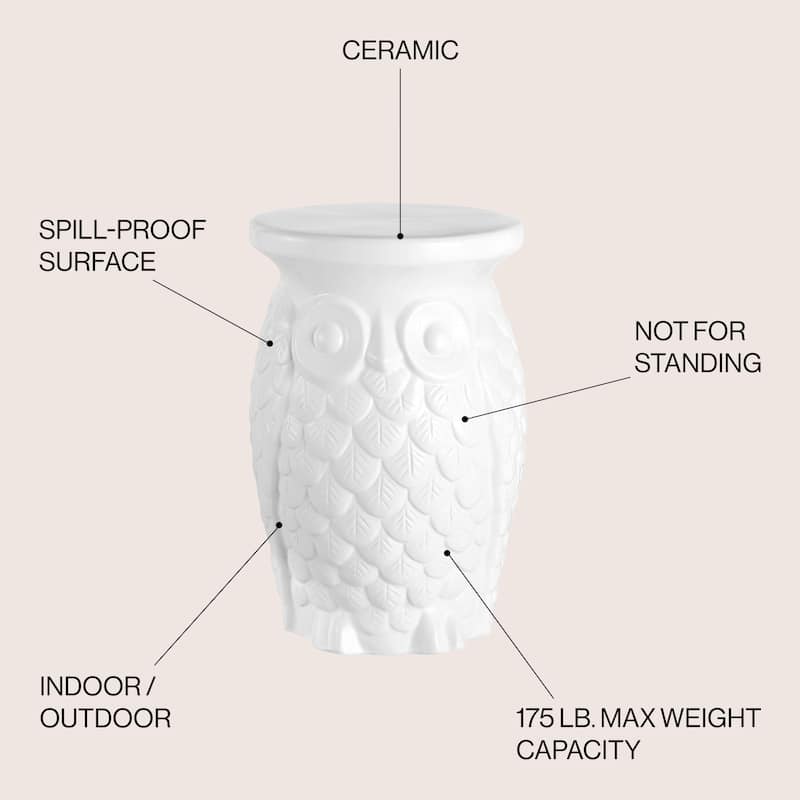 Groovy Owl 17.5" Ceramic Garden Stool, White by JONATHAN Y