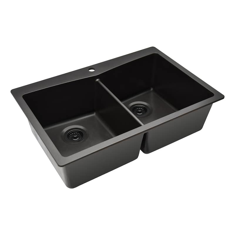 Lexicon Platinum Quartz 33 Inch Double Equal Bowl Undermount Kitchen Sink with Bottom Grids and Strainers , Disposal Flange