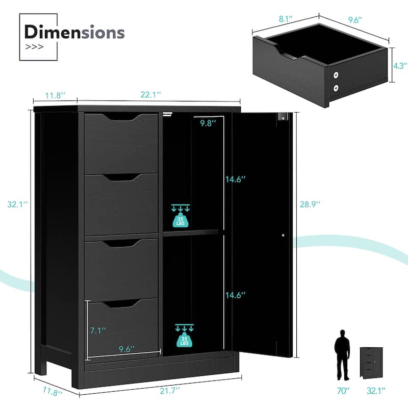 Futzca Bathroom Floor Storage Cabinet, Freestanding Pantry Cabinet with 4 Drawers and 1 Door