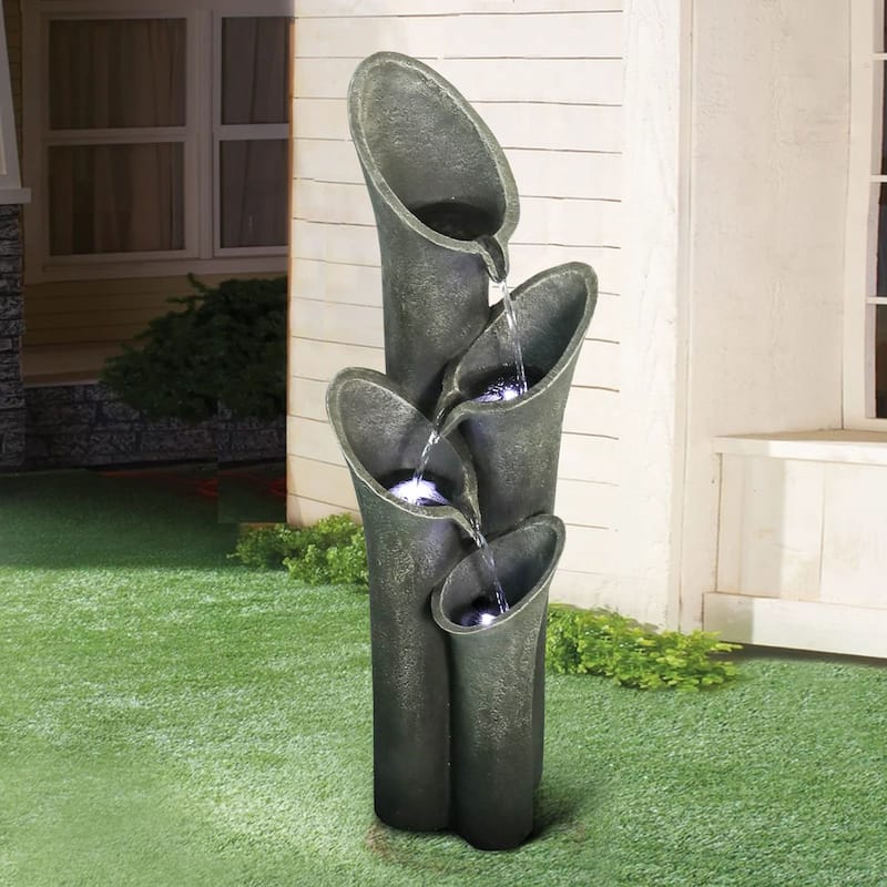 33.5'' Outdoor Water Fountain with Light, Resin Floor Water Fountain for Garden