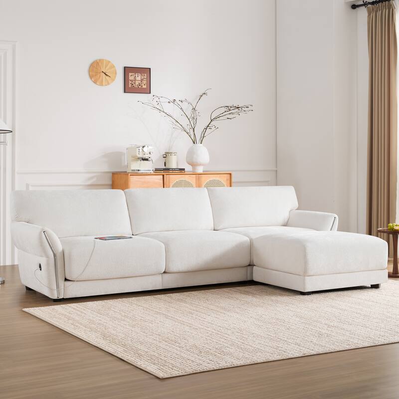 Modular Sectional Sofa, L-Shape With Extra-Wide Seat Cushion, Usb And Type-C Charger, Petal Armrest Design - White