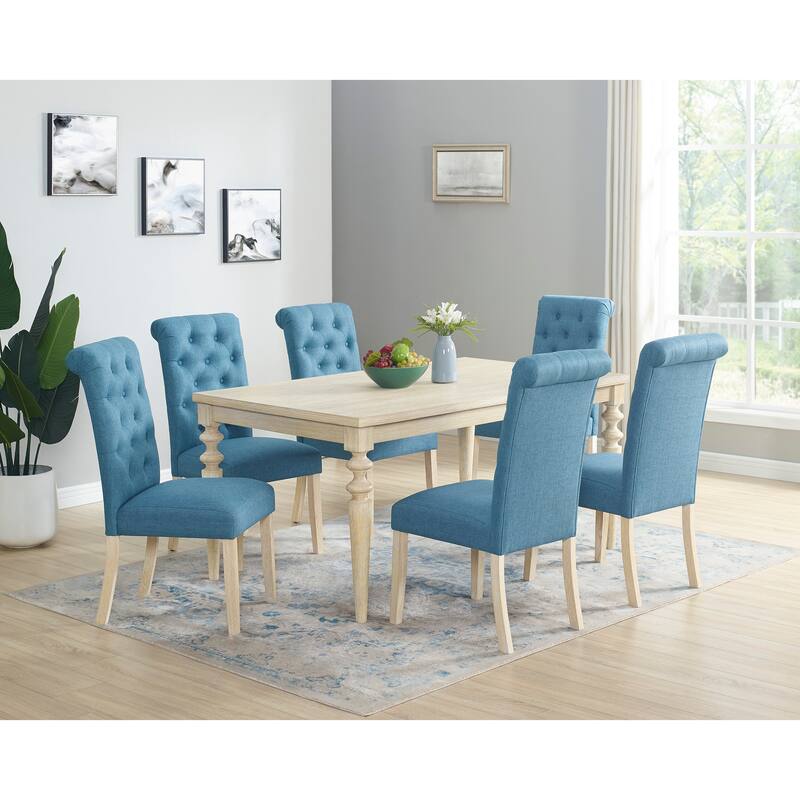 Casual 7 Pieces Wooden Turned-Leg Dining Table with 6 Tufted Upholstered Chairs - Beige Blue