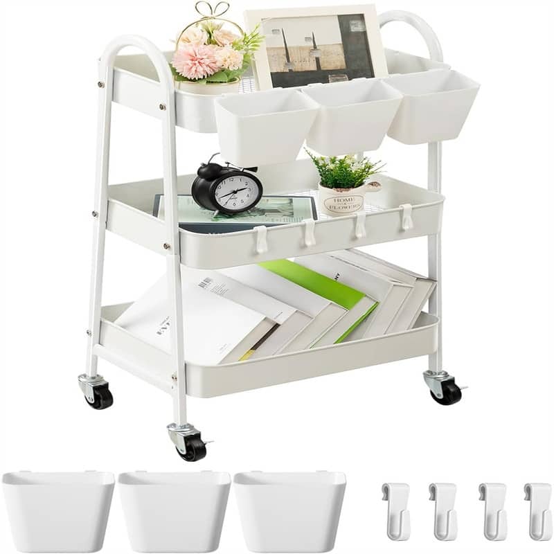 3-Tier Rolling Cart - 12.3"D x 16.1"W x 31.1"H - White