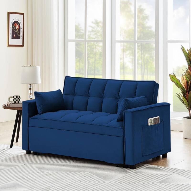 55" Modern Velvet Convertible Sleeper Sofa Bed Couch w/Pull Out Bed,Pillows and Side Pockets