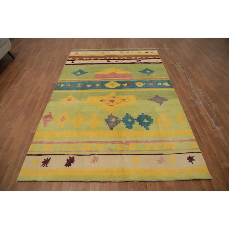 Hand Knotted Oriental 100% Wool Carpet Modern Geometric Green Gabbeh Area Rug - 9' 2'' X 5' 10''