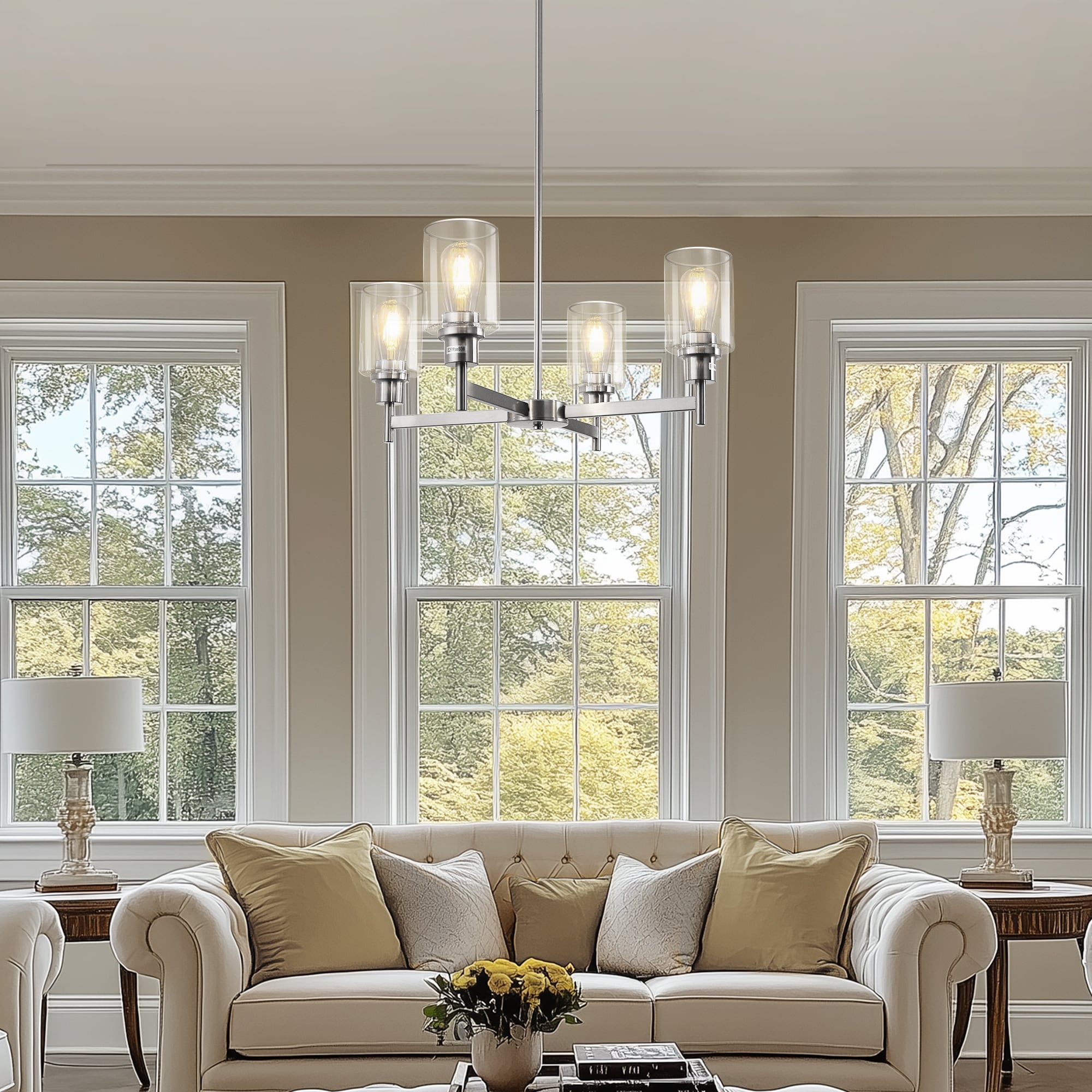 YANSUN 4-Light Brushed Nickel Square Rod Chandelier with Blue Glass Candle Shades, E26 Base for Modern Elegance - 24*24*5.9