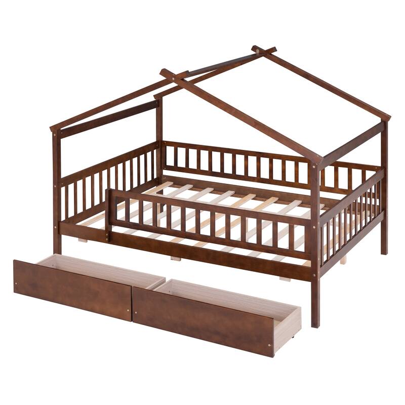 Space-Saving Full Size House Daybed with Storage Drawers and Roof Design
