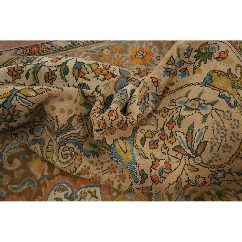 Hand Knotted Oriental 100% Wool Carpet Traditional Floral Brown Tabriz Area Rug - 12' 8'' X 9' 7''