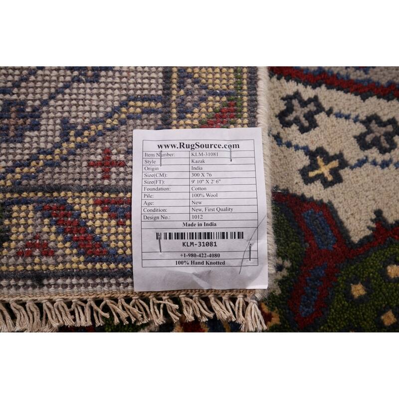 Geometric Kazak Runner Rug Hand-Knotted Beige Wool Carpet - 2'6"x 9'10"
