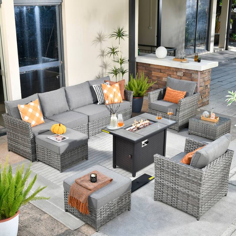 XIZZI 10-piece Patio Furniture Outdoor Sectional Sofa Set with Fire Pit - Dark Grey