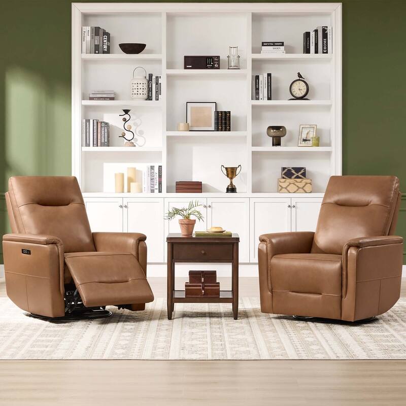 Spruce & Spring Genuine Leather Swivel Glider Recliner with Adjustable Headrest