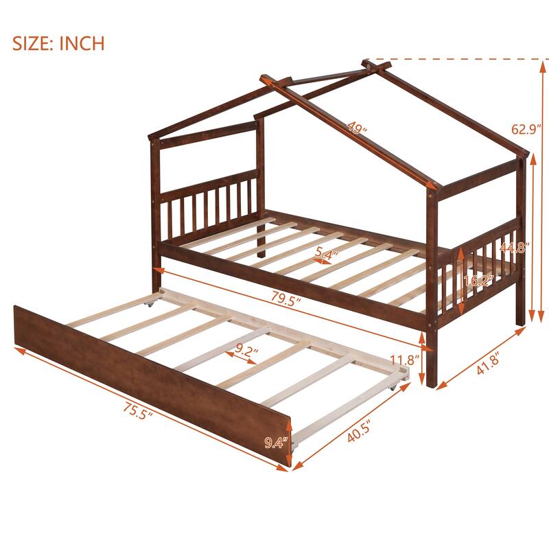Twin/Full House Bed with Pull-Out Trundle, Solid Pine Wood Frame for Sleepovers