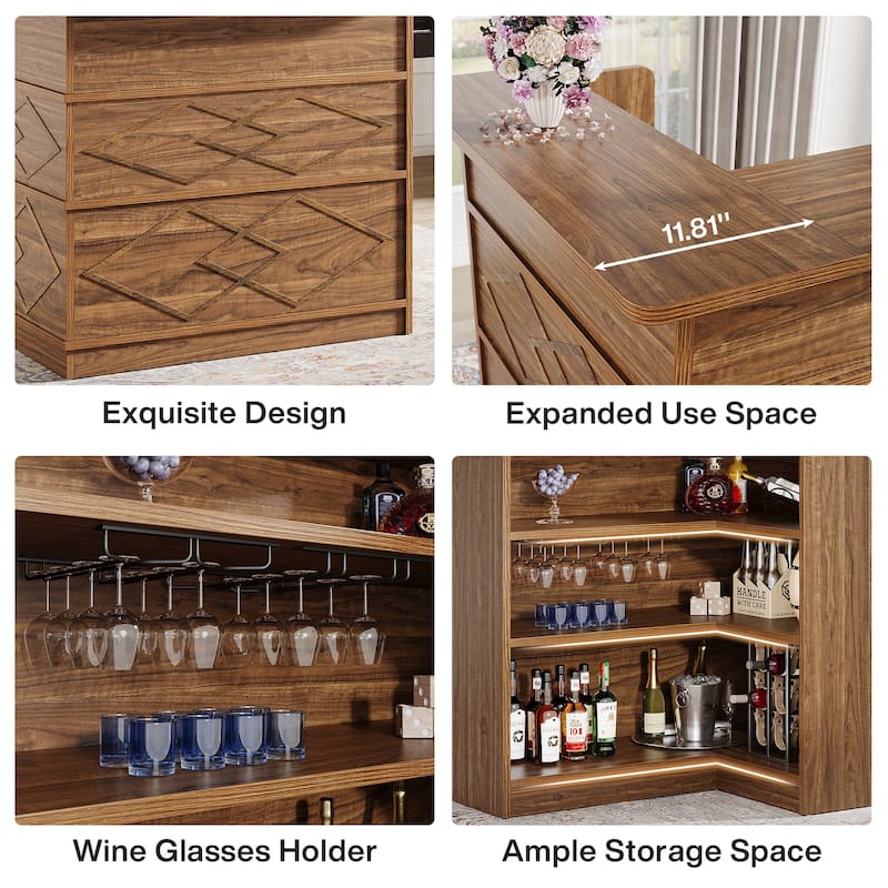 L-shaped bar Cabinet 4-tier Liquor Bar Table with Storage for Kitchen, Brown - N/A