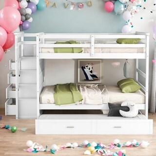 Full Over Full Elegant Bunk Bed with Twin Size Trundle & Staircase,Built-In Storage,Sophisticated & Practical Bunk Bed