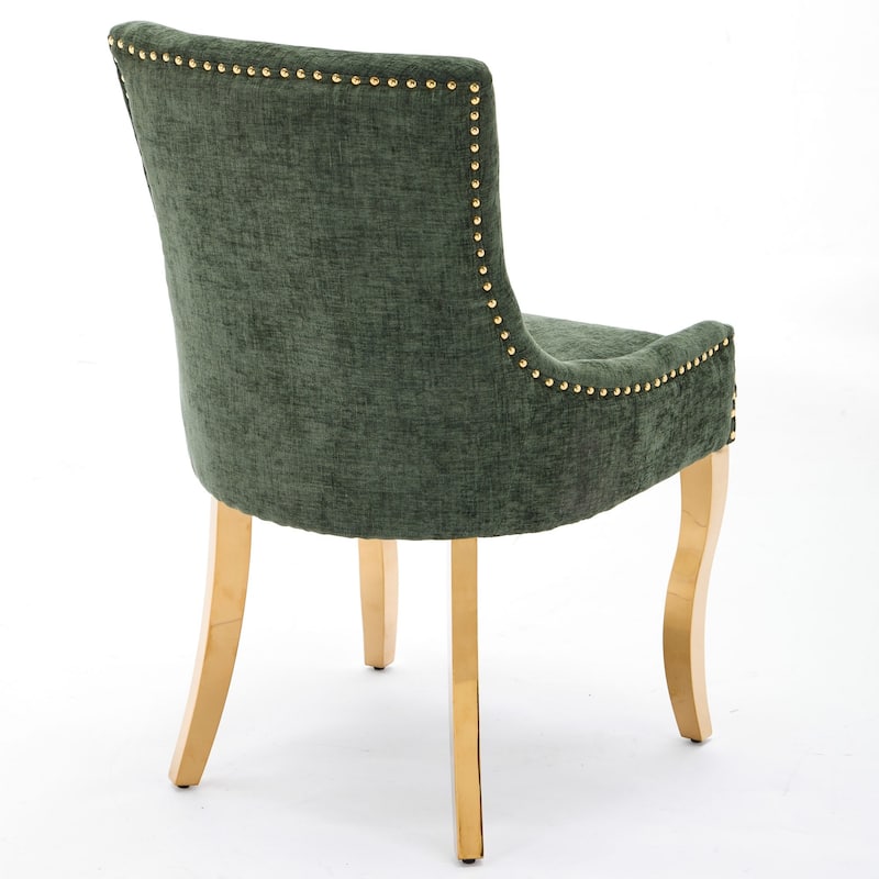 Chenille Dining Chairs, Modern Style with Curved Gold - Plated Legs & Rivet Trim, Green,Set of 2