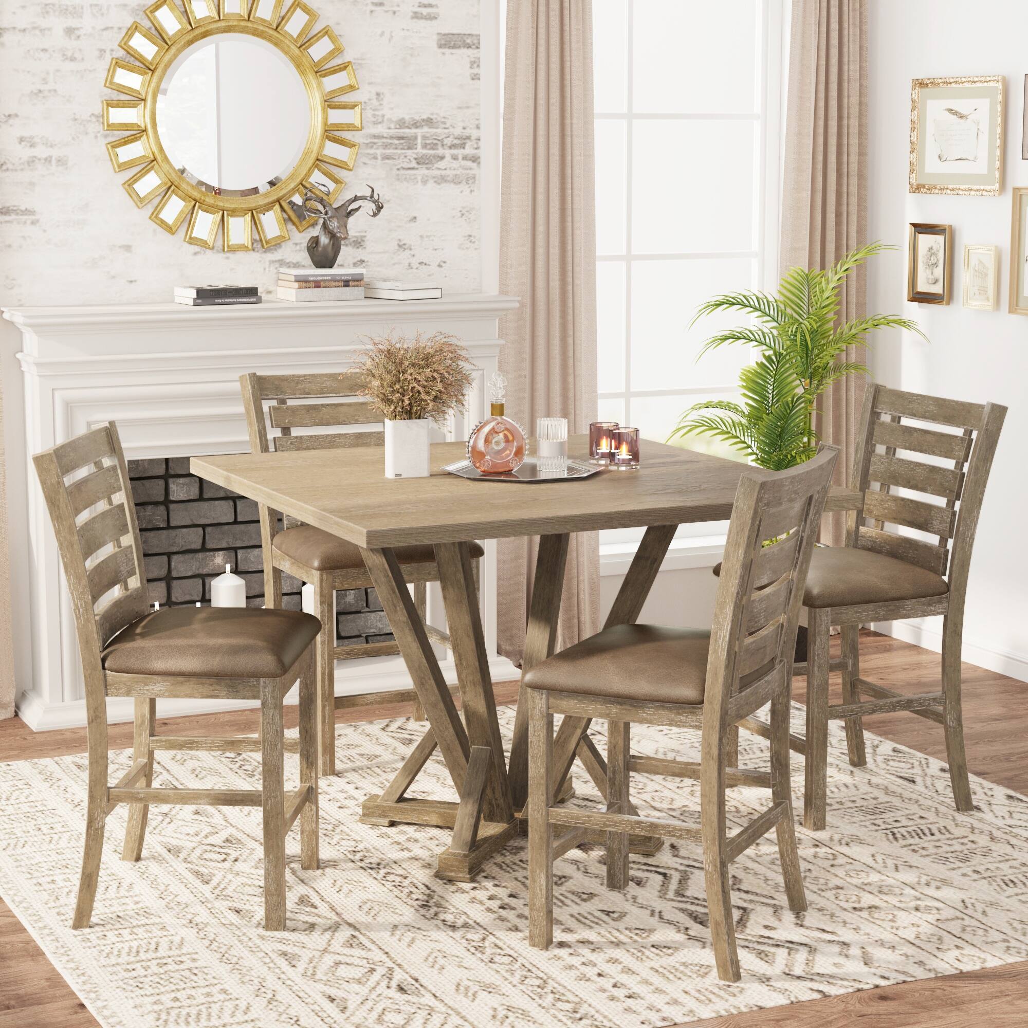 Rustic 5-Piece Counter Table Set, Solid Wood Square Dining Table