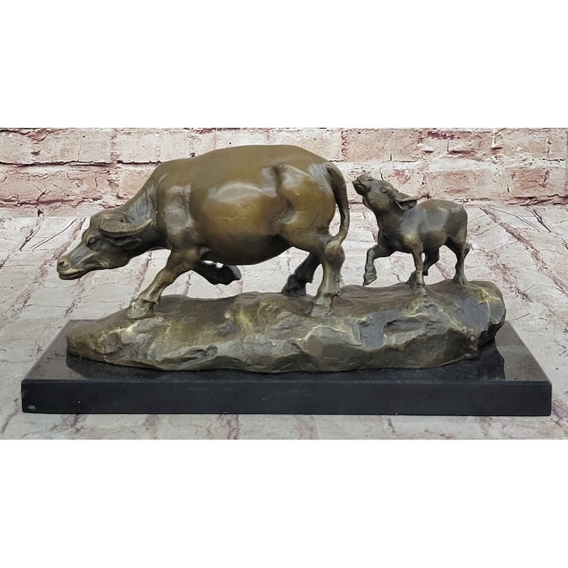 Mother Buffalo Calf Bronze Sculpture – Timeless Pastoral Artwork On Marble Base