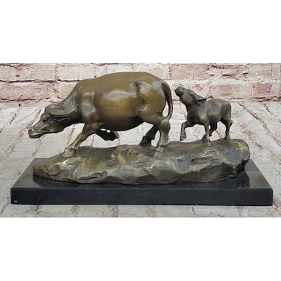 Mother Buffalo Calf Bronze Sculpture – Timeless Pastoral Artwork On Marble Base